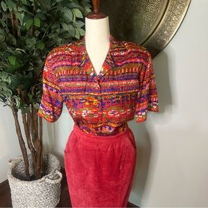 100% Silk Colorful Abstract Print Blouse - Size 4